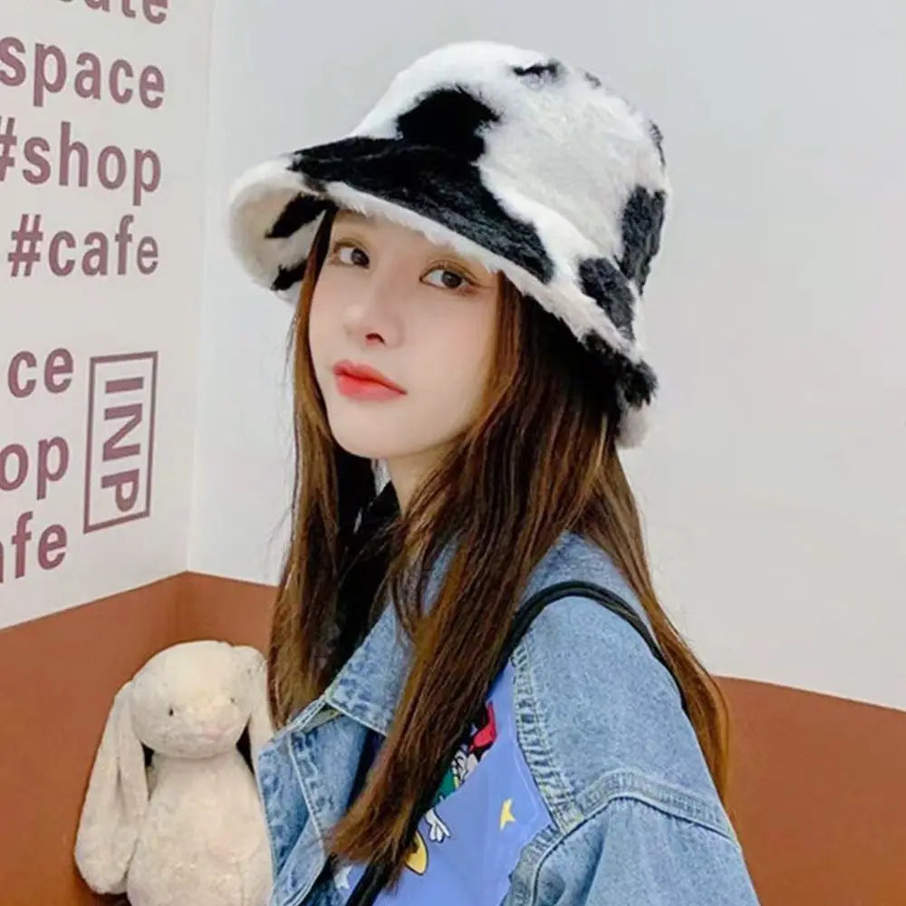 Winter Bucket Hat Women's Fashion Milk Cow Grain Panama Warm Hats Female Vintage  Cap