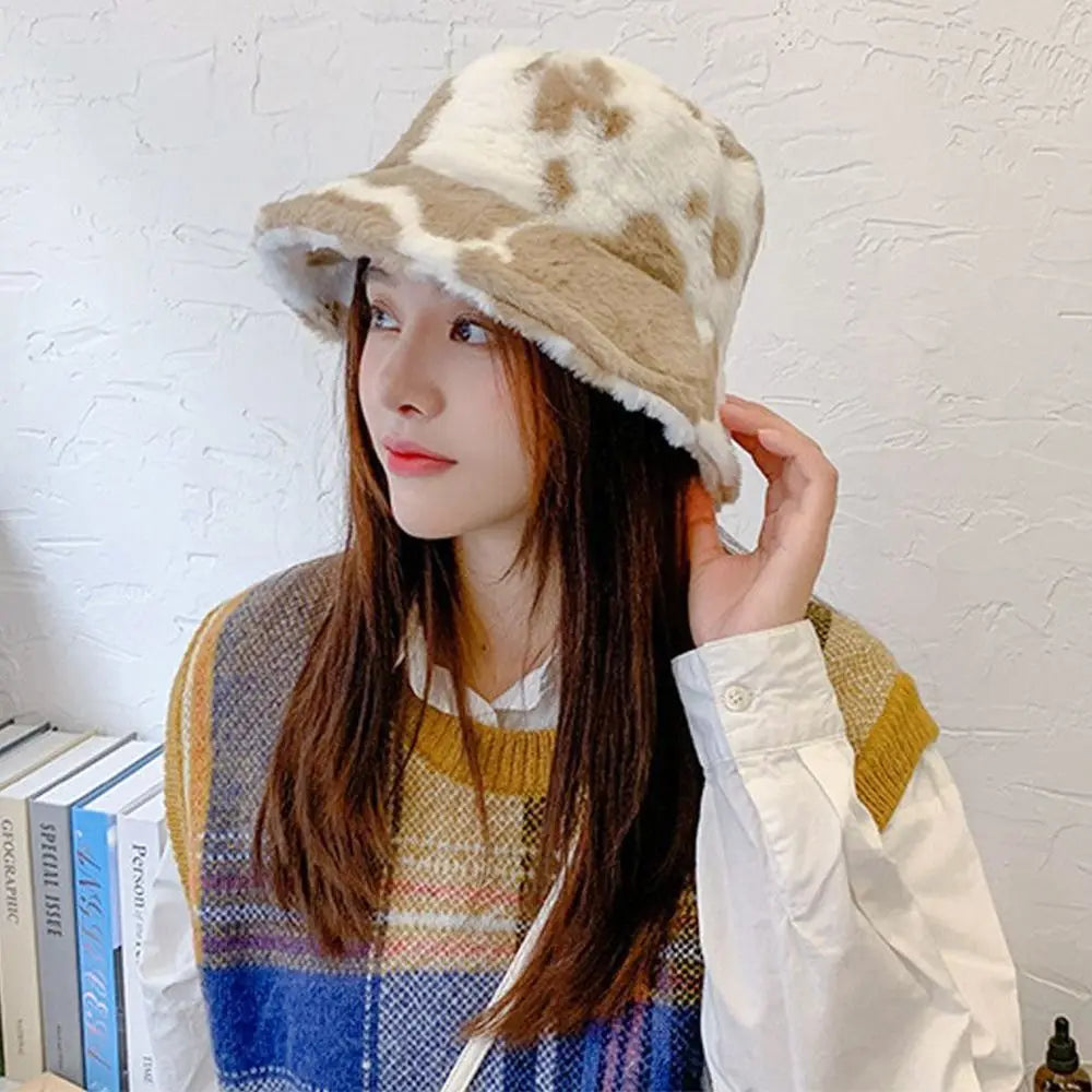 Winter Bucket Hat Women's Fashion Milk Cow Grain Panama Warm Hats Female Vintage  Cap