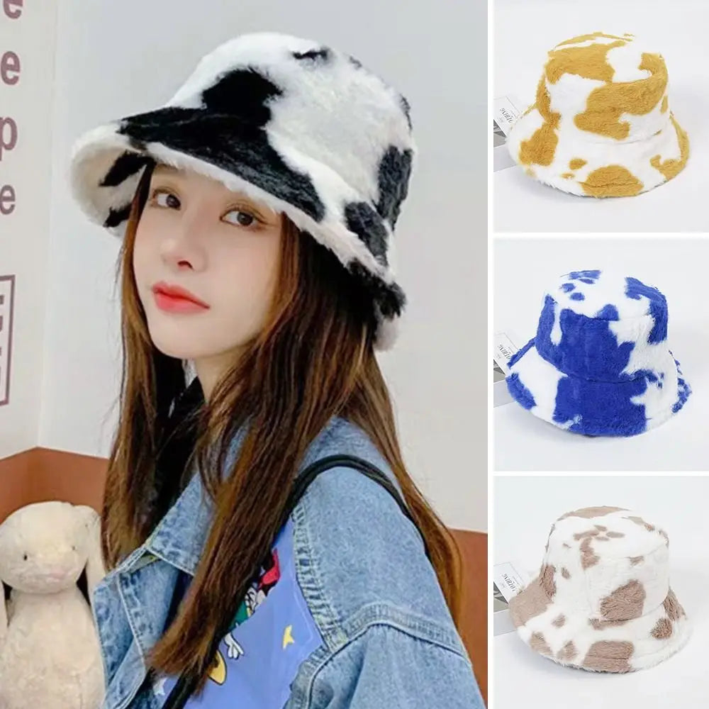 Winter Bucket Hat Women's Fashion Milk Cow Grain Panama Warm Hats Female Vintage  Cap