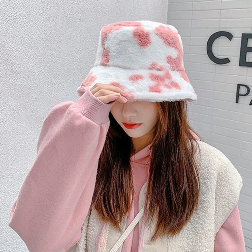 Winter Bucket Hat Women's Fashion Milk Cow Grain Panama Warm Hats Female Vintage  Cap