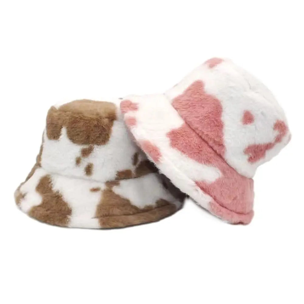 Winter Bucket Hat Women's Fashion Milk Cow Grain Panama Warm Hats Female Vintage  Cap