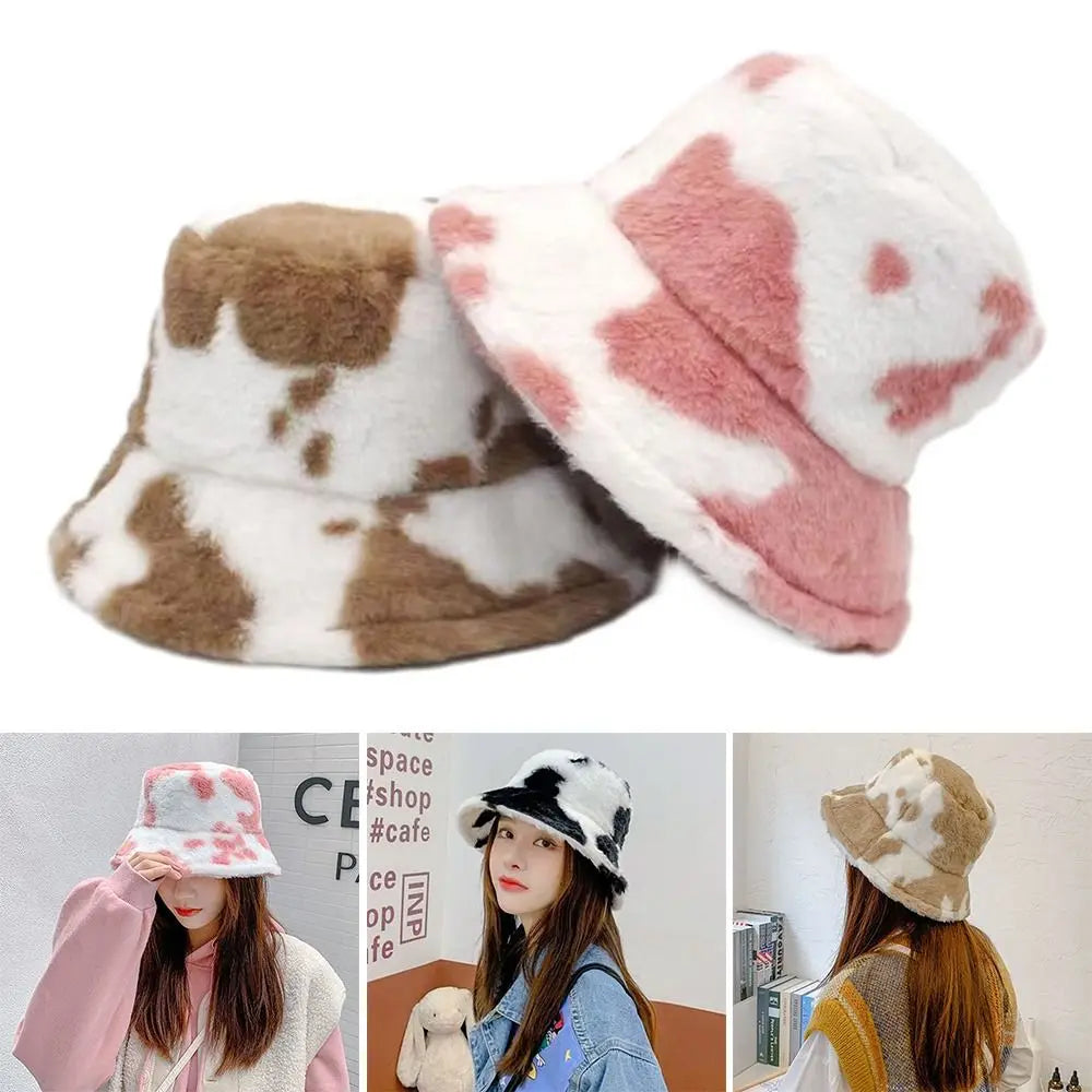 Winter Bucket Hat Women's Fashion Milk Cow Grain Panama Warm Hats Female Vintage  Cap