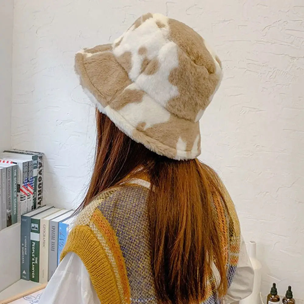 Winter Bucket Hat Women's Fashion Milk Cow Grain Panama Warm Hats Female Vintage  Cap