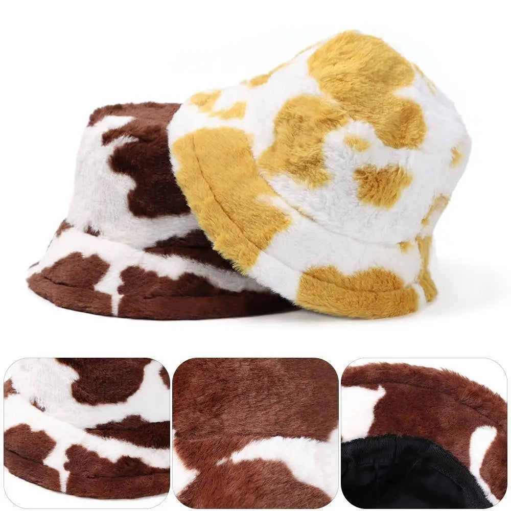Winter Bucket Hat Women's Fashion Milk Cow Grain Panama Warm Hats Female Vintage  Cap