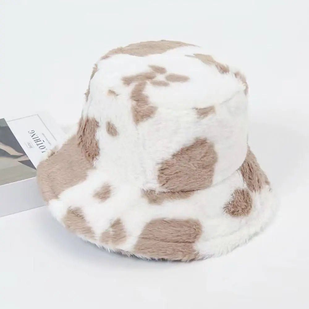 Winter Bucket Hat Women's Fashion Milk Cow Grain Panama Warm Hats Female Vintage  Cap