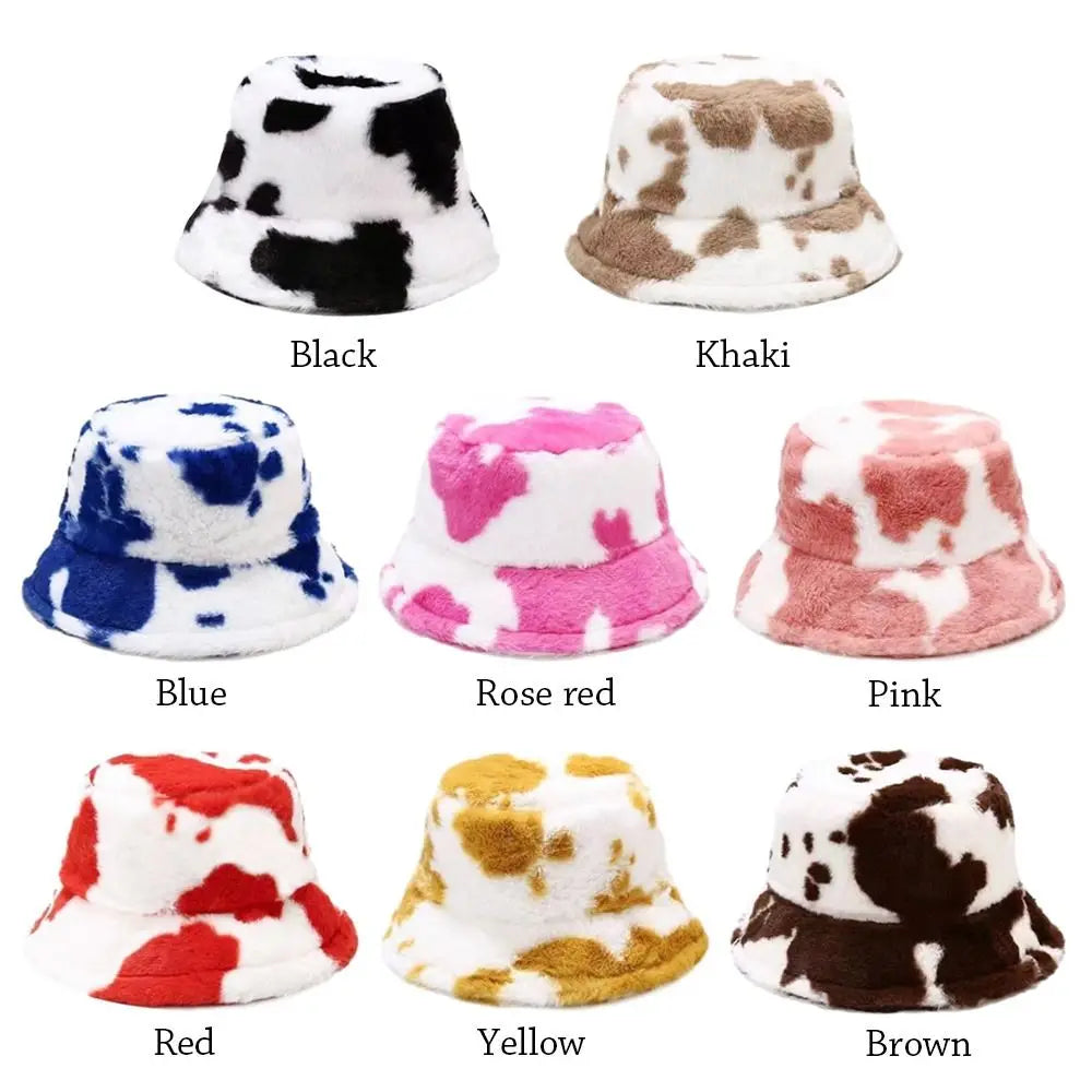 Winter Bucket Hat Women's Fashion Milk Cow Grain Panama Warm Hats Female Vintage  Cap