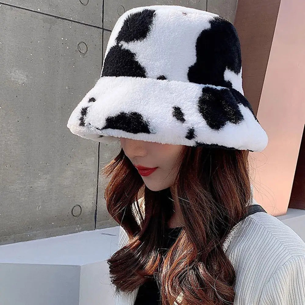 Winter Bucket Hat Women's Fashion Milk Cow Grain Panama Warm Hats Female Vintage  Cap