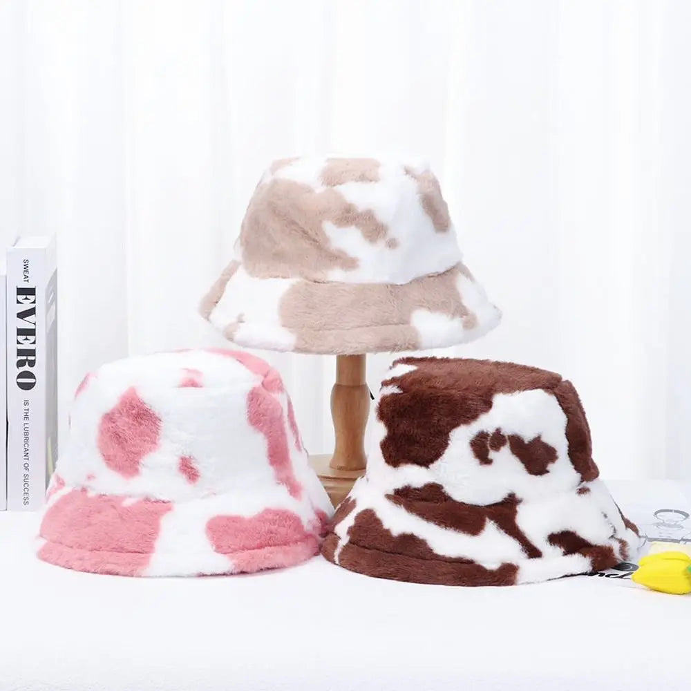 Winter Bucket Hat Women's Fashion Milk Cow Grain Panama Warm Hats Female Vintage  Cap