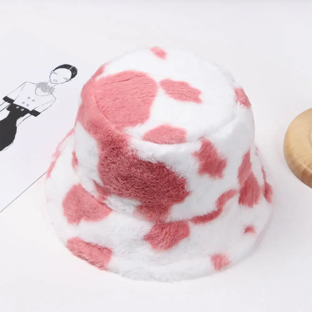 Winter Bucket Hat Women's Fashion Milk Cow Grain Panama Warm Hats Female Vintage  Cap